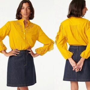 J CREW Mustard 100% Cotton Boho Eyelet Lace Embroidered Boho Popover Blouse Top